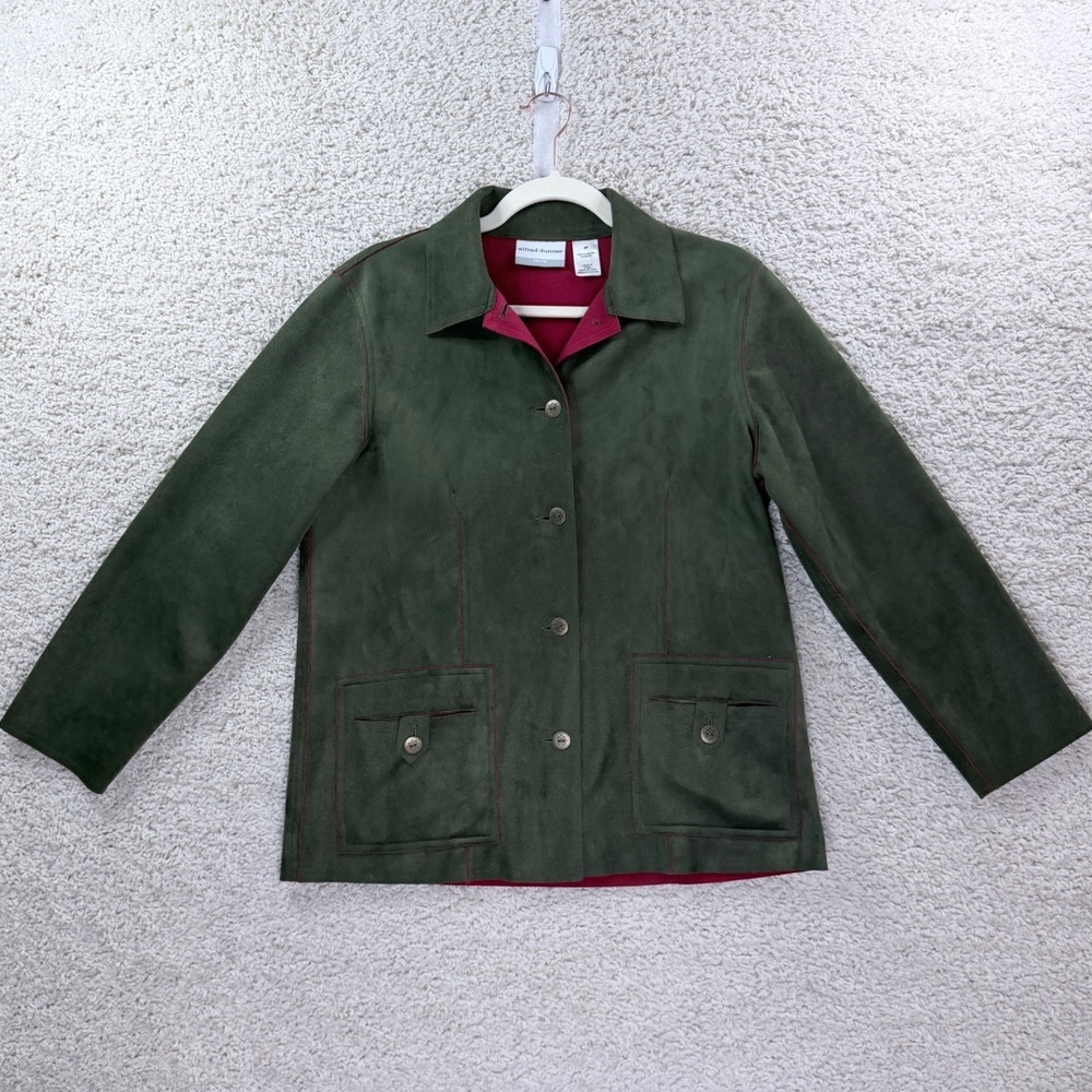 Alfred Dunner Faux Suede Jacket Women 8P Green Red Trim Petite Button Up Coat
